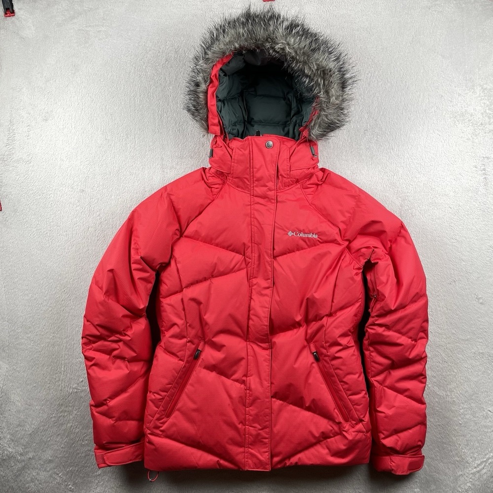 Columbia Duck Down Puffer Jacket Womens Medium Red Omniheat Insulated Fur Hood